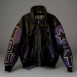 Vintage 90s IOU Leather Bomber Jacket XL Purple Black Spellout Star Hip Hop